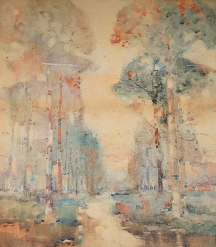Scottish School, watercolour, Tree-lined landscape, 38 x 33cm. Condition - fair
